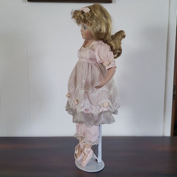 Pretty Vintage 17" Porcelain Doll with Metal Stand - Picture 4 of 13